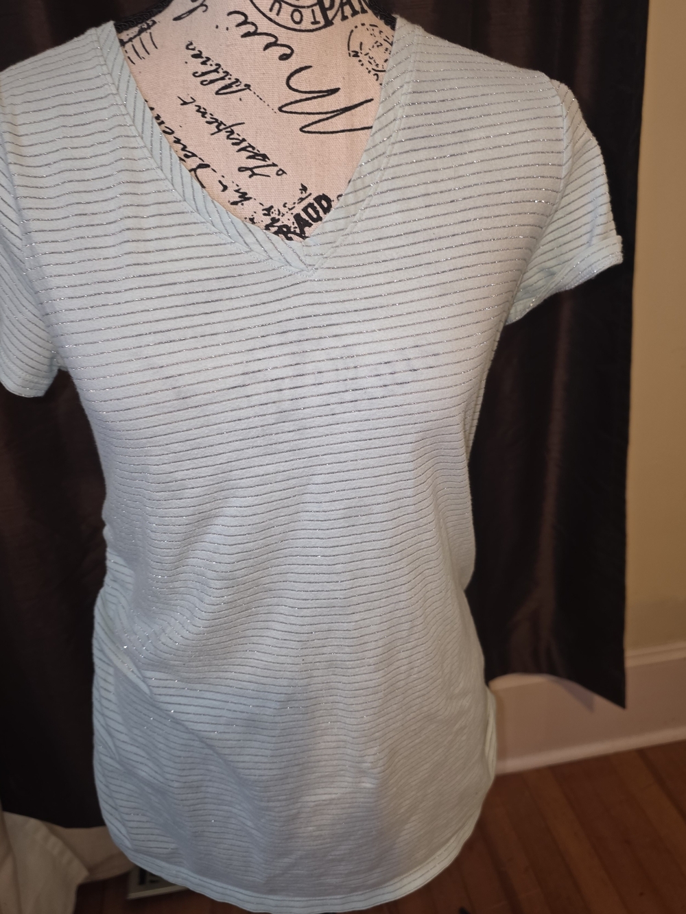 Isabel Maternity  Light Blue Sparkle-Striped V-Neck Tee Small